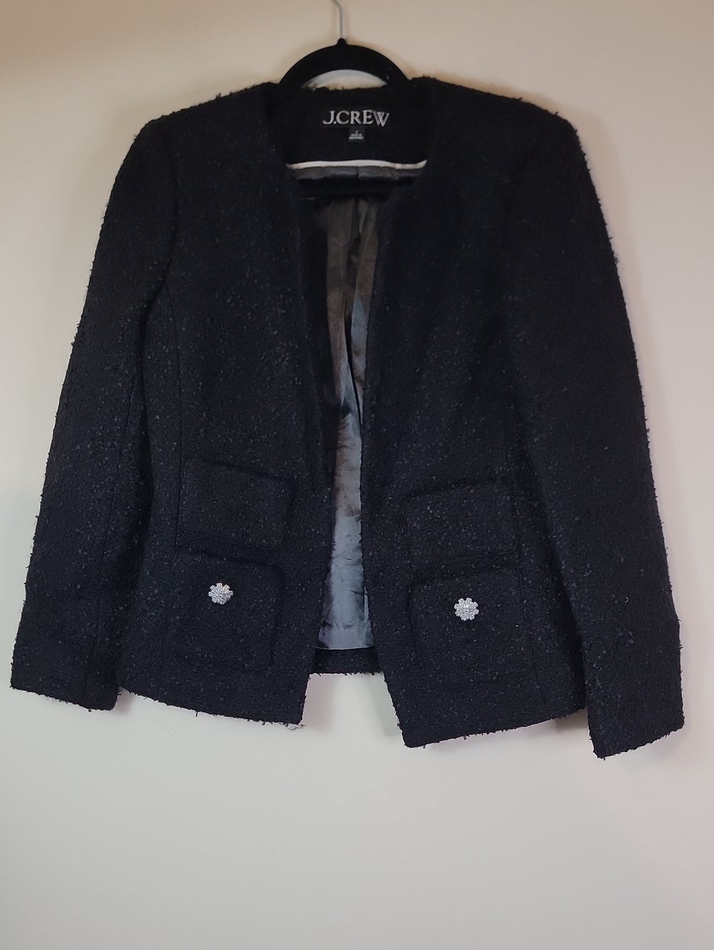 J. Crew Black Tweed Open-Front Blazer with Decorative Buttons